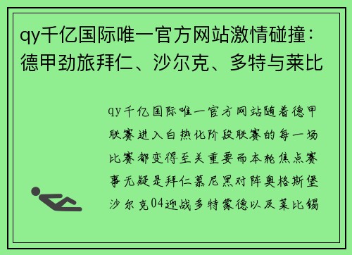 qy千亿国际唯一官方网站激情碰撞：德甲劲旅拜仁、沙尔克、多特与莱比锡的巅峰对决 - 副本